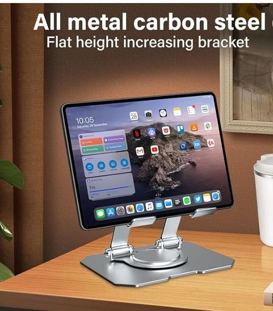 360 Degree Rotating I Pad, Tablet, Laptop And Book Holder Desk, Kitchen And Table Mount Stand | Aluminum Stand Holder with 360 Degree Rotatable | Multi Angle Adjustments Compatible for iPad, Tablet, Laptop, Books