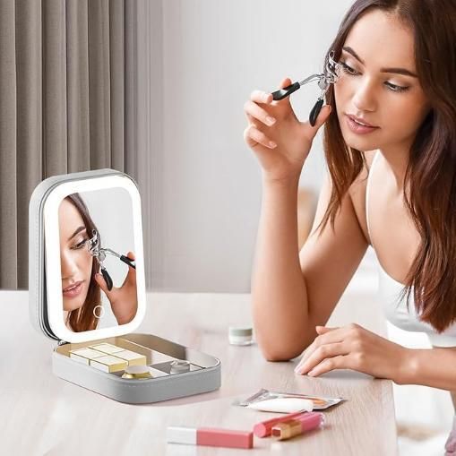 Jewelry Box with LED Mirror | Compact Makeup Case With Storage Compartments And With LED Mirror | Small Travel LED Makeup Mirror Case with 3 Adjustable Color Light | Dust-Proof Jewelry Box | Mini Cosmetic Box Best For Travelling