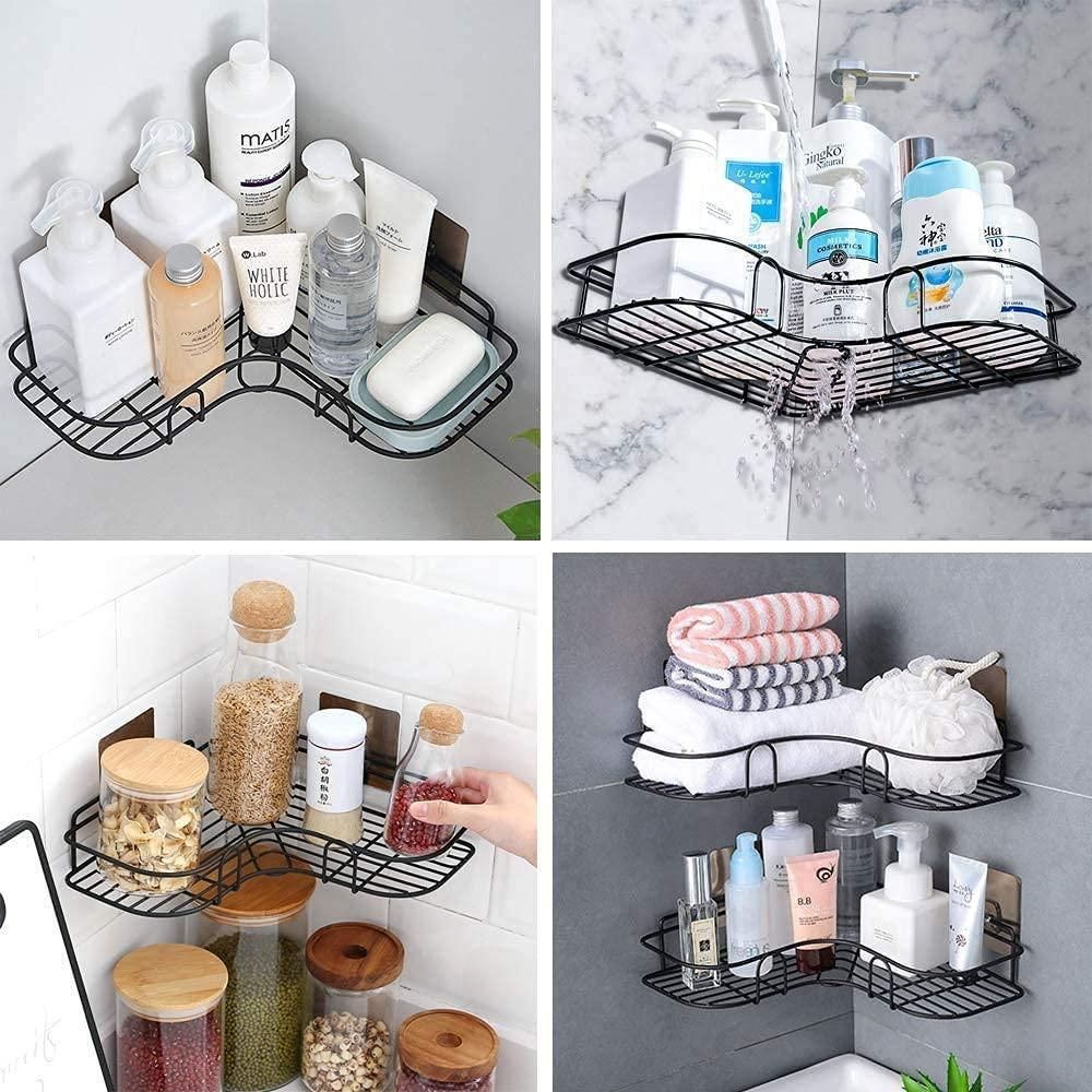 Metal Corner Rack For Bathroom, Kitchen, Bedroom With Strong Adhesive Sticker No Need To Drill | Drill Free Corner Shelf for Wall | Organizer Rack Without Drill | Self Adhesive Wall Mounted Shelf | Rust-proof, drill-free corner rack
