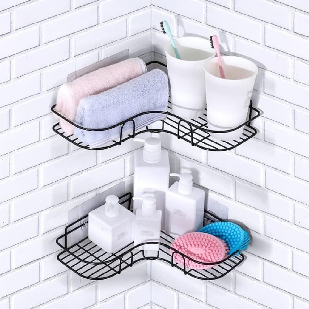 Metal Corner Rack For Bathroom, Kitchen, Bedroom With Strong Adhesive Sticker No Need To Drill | Drill Free Corner Shelf for Wall | Organizer Rack Without Drill | Self Adhesive Wall Mounted Shelf | Rust-proof, drill-free corner rack