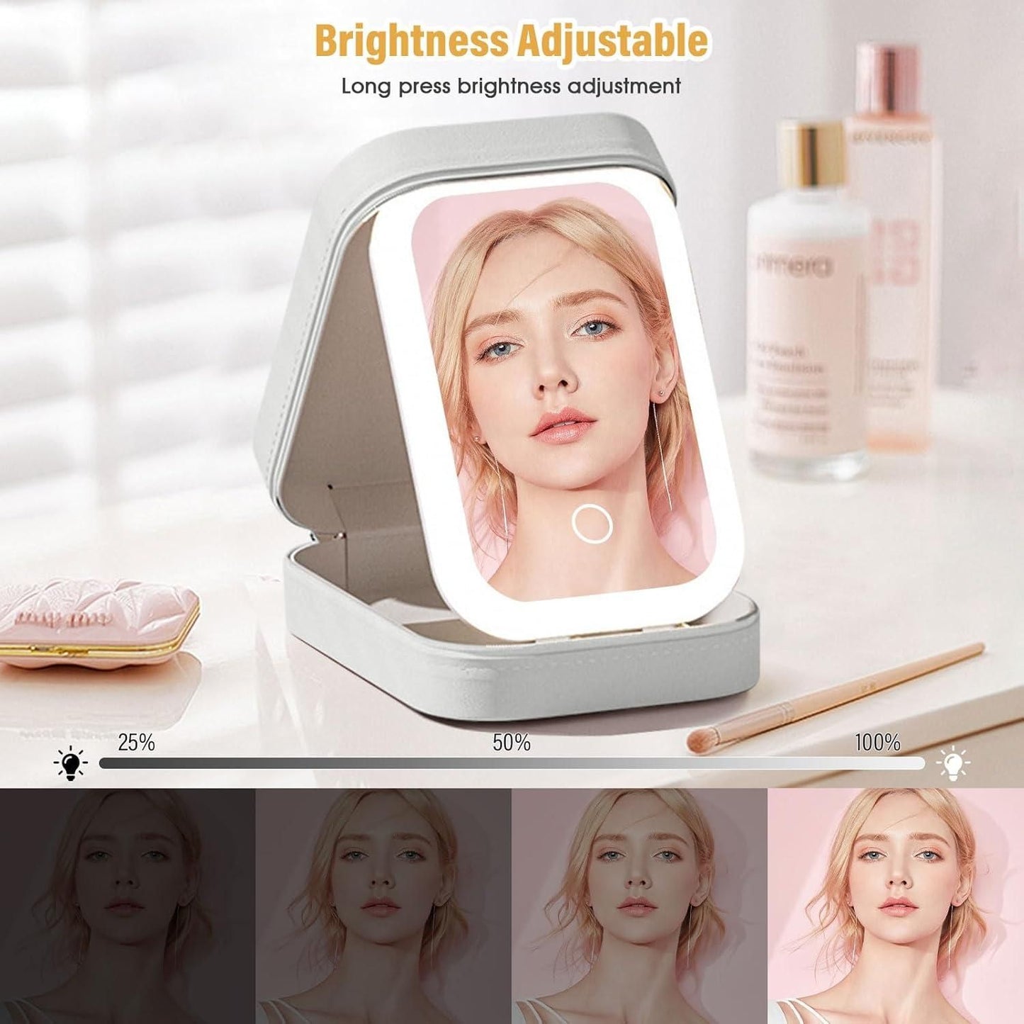 Jewelry Box with LED Mirror | Compact Makeup Case With Storage Compartments And With LED Mirror | Small Travel LED Makeup Mirror Case with 3 Adjustable Color Light | Dust-Proof Jewelry Box | Mini Cosmetic Box Best For Travelling