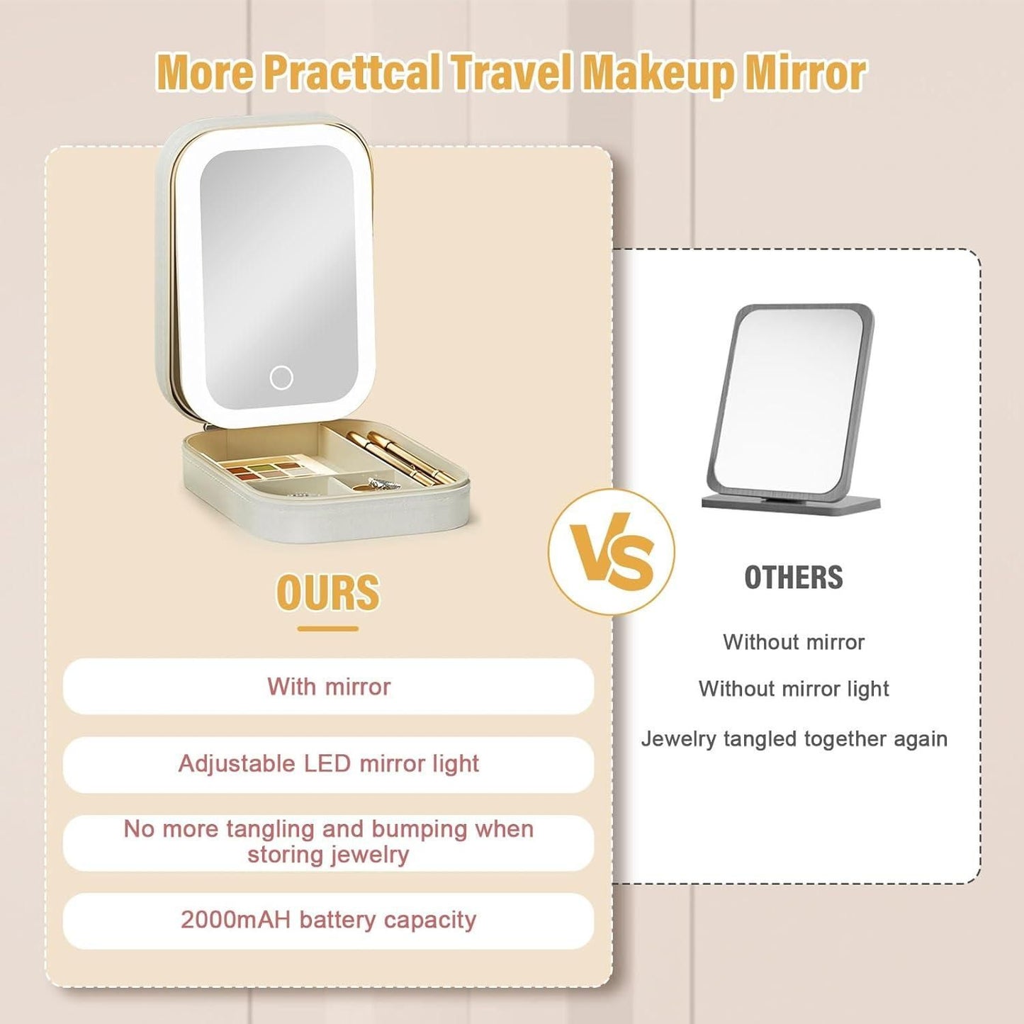 Jewelry Box with LED Mirror | Compact Makeup Case With Storage Compartments And With LED Mirror | Small Travel LED Makeup Mirror Case with 3 Adjustable Color Light | Dust-Proof Jewelry Box | Mini Cosmetic Box Best For Travelling