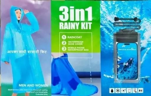 Unisex 3 in 1 Rain Kit (1 Rain Coat, 1 Mobile Cover & 1 Shoe Cover) | Rain Guard 3-in-1 Monsoon Kit | Includes raincoat, shoe cover, and phone protector
