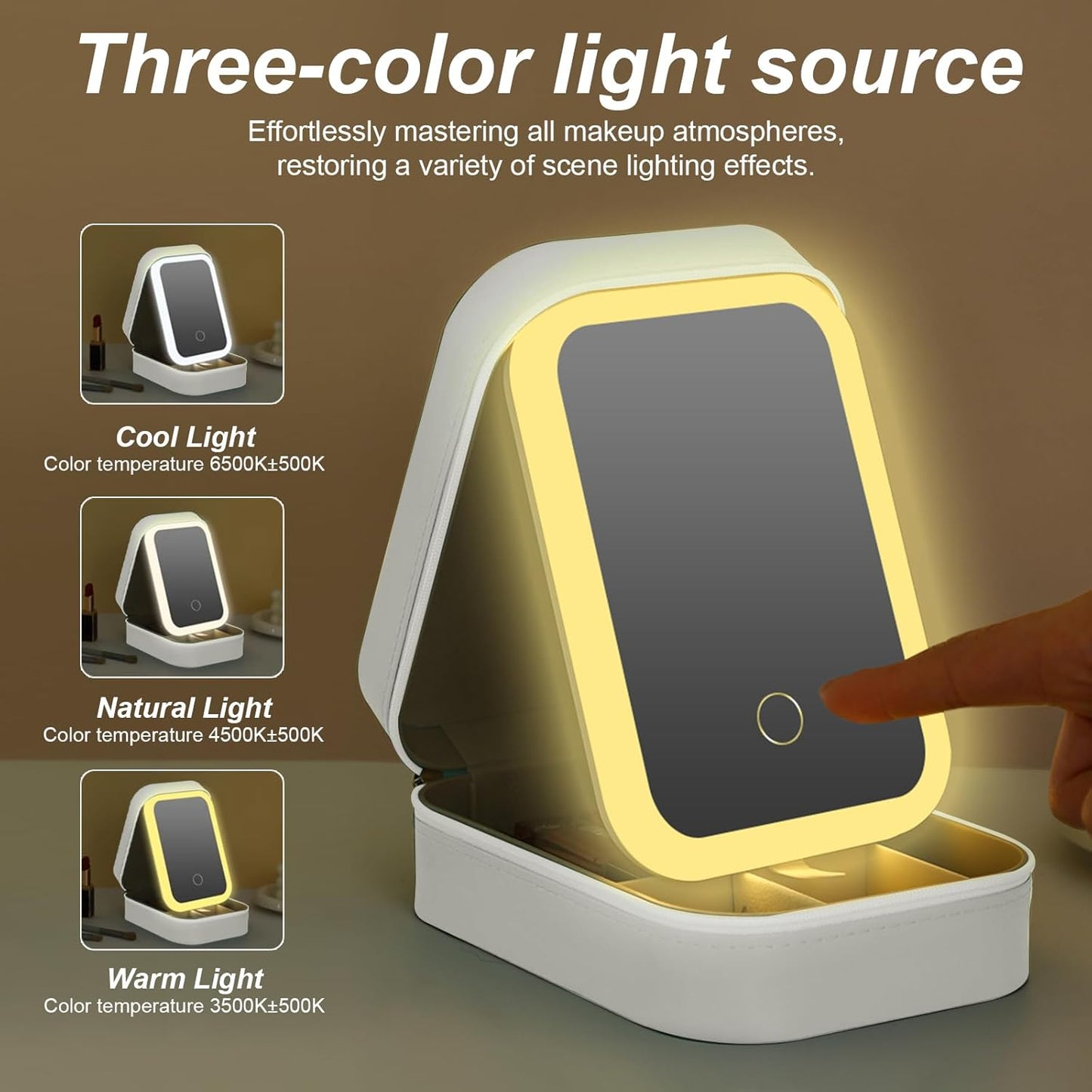 Jewelry Box with LED Mirror | Compact Makeup Case With Storage Compartments And With LED Mirror | Small Travel LED Makeup Mirror Case with 3 Adjustable Color Light | Dust-Proof Jewelry Box | Mini Cosmetic Box Best For Travelling