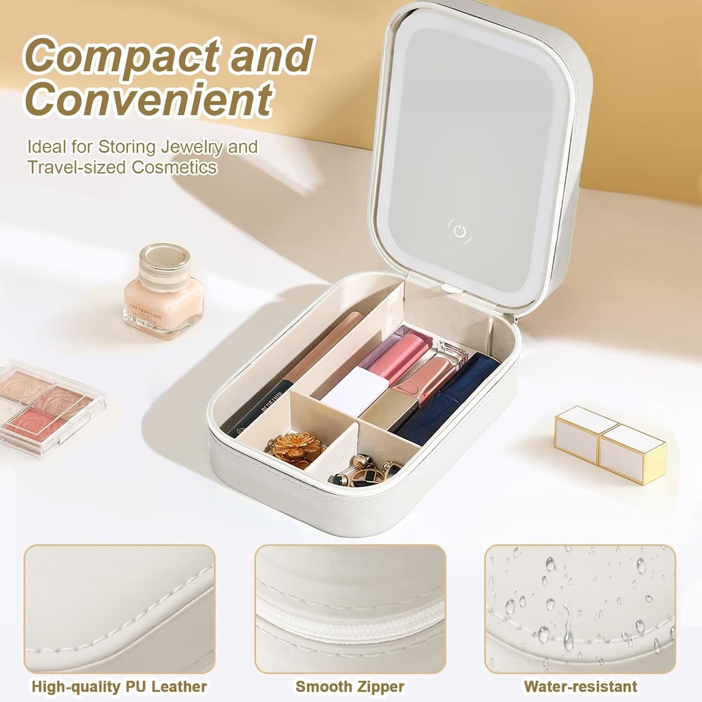 Jewelry Box with LED Mirror | Compact Makeup Case With Storage Compartments And With LED Mirror | Small Travel LED Makeup Mirror Case with 3 Adjustable Color Light | Dust-Proof Jewelry Box | Mini Cosmetic Box Best For Travelling