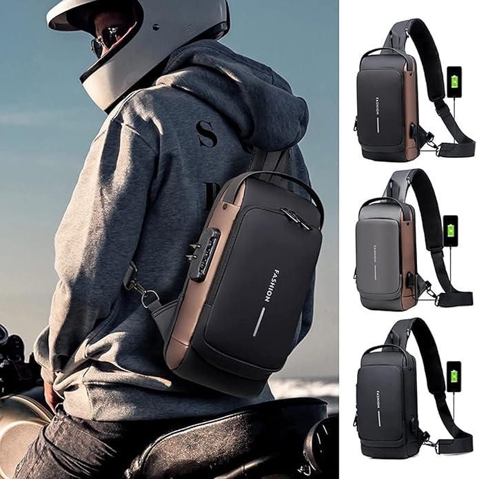 Anti-Theft, Unisex, PU Crossbody, With USB Charging Port And Password Lock Sling Bag For Men And Women | Sling Bag For Men And Women | Anti-Theft Sling Single Shoulder Backpack Best For Travelling
