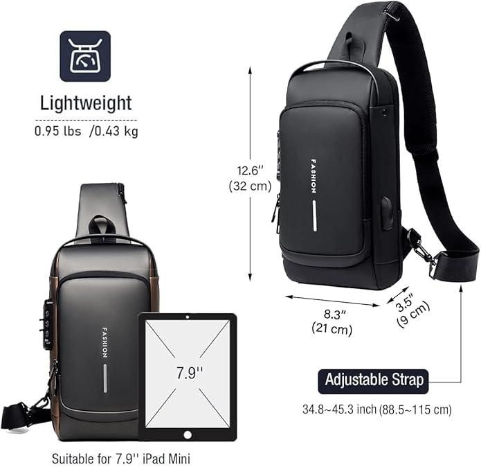 Anti-Theft, Unisex, PU Crossbody, With USB Charging Port And Password Lock Sling Bag For Men And Women | Sling Bag For Men And Women | Anti-Theft Sling Single Shoulder Backpack Best For Travelling