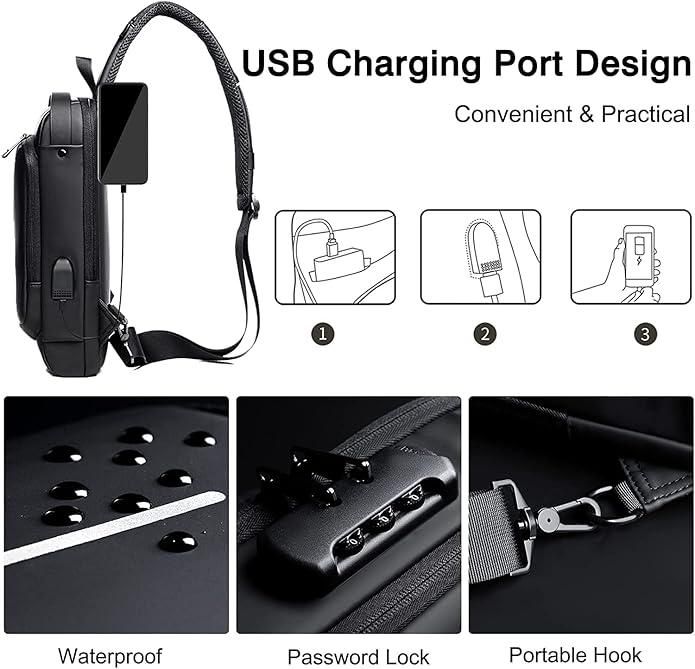 Anti-Theft, Unisex, PU Crossbody, With USB Charging Port And Password Lock Sling Bag For Men And Women | Sling Bag For Men And Women | Anti-Theft Sling Single Shoulder Backpack Best For Travelling