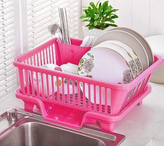 3 in 1 Kitchen Dish Drainer | Sink Dish Rack | 3 in 1 Large Durable Plastic Drainer Drying Rack Washing Basket with Tray | Kitchen Sink Rack Organizers With Cutlery Storage (Assorted Color)