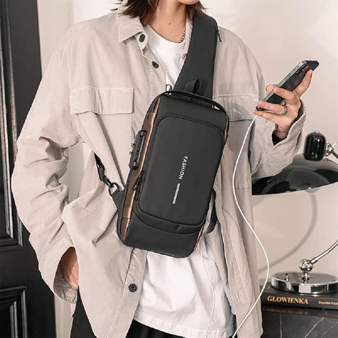 Anti-Theft, Unisex, PU Crossbody, With USB Charging Port And Password Lock Sling Bag For Men And Women | Sling Bag For Men And Women | Anti-Theft Sling Single Shoulder Backpack Best For Travelling