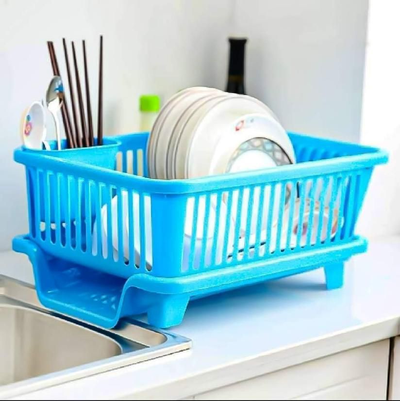 3 in 1 Kitchen Dish Drainer | Sink Dish Rack | 3 in 1 Large Durable Plastic Drainer Drying Rack Washing Basket with Tray | Kitchen Sink Rack Organizers With Cutlery Storage (Assorted Color)