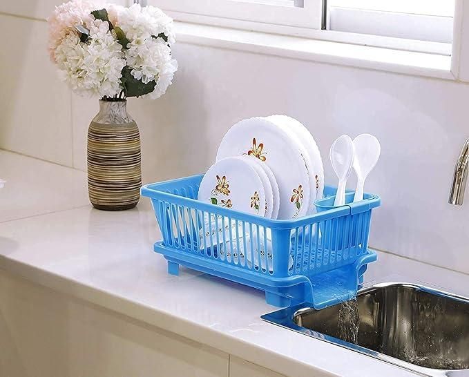 3 in 1 Kitchen Dish Drainer | Sink Dish Rack | 3 in 1 Large Durable Plastic Drainer Drying Rack Washing Basket with Tray | Kitchen Sink Rack Organizers With Cutlery Storage (Assorted Color)